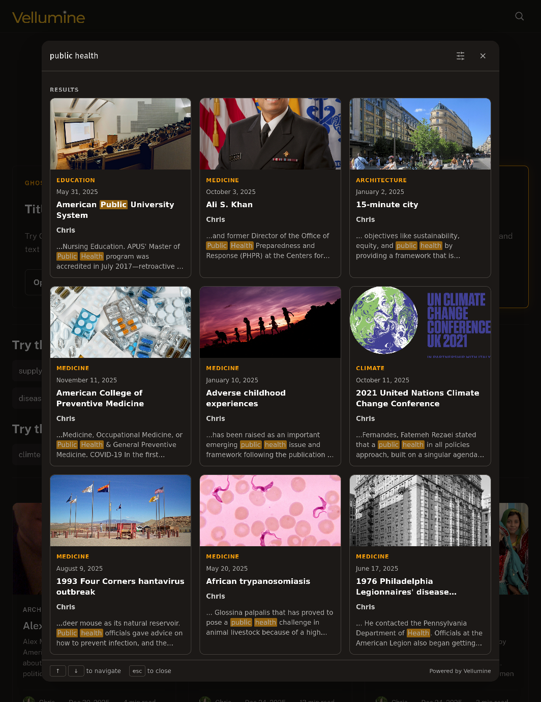 Vellumine's search bar displaying results for the query "public health"